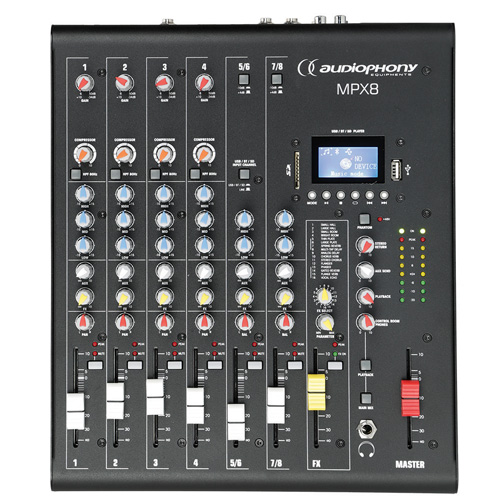 TABLE DE MIXAGE MPX8  Mixer 8 canaux avec compresseur, Effets et lecteur USB/SD/BT - AUDIOPHONY - H10906